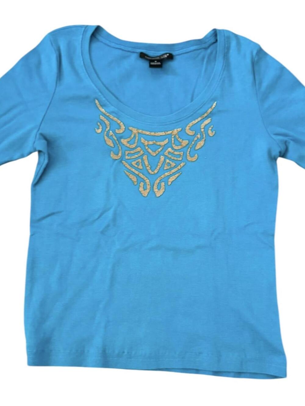 August Silk Blue Graphic Tee Minimal Clean Girl Casual Top Med.